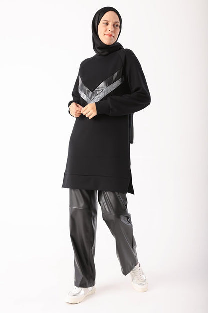 Black Shiny Garnished Sweat Tunic