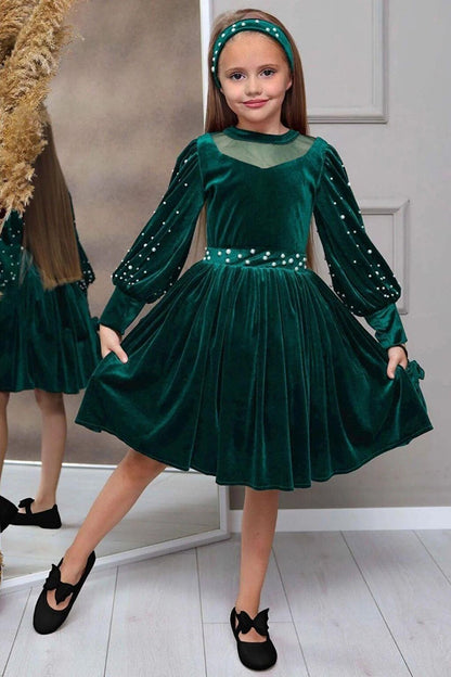 Girl's Green Velvet Dress with Transparent Collar and Pearl Detail on the Sleeves and Waist