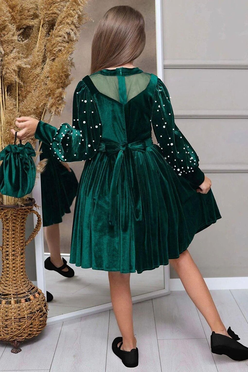 Girl's Green Velvet Dress with Transparent Collar and Pearl Detail on the Sleeves and Waist