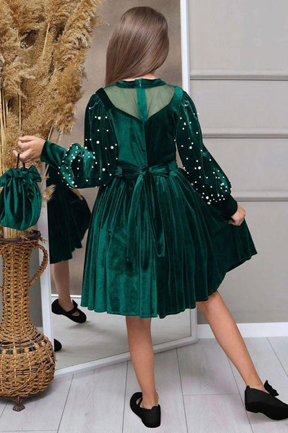 Girl's Green Velvet Dress with Transparent Collar and Pearl Detail on the Sleeves and Waist