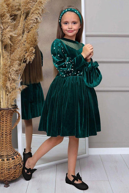 Girl's Green Velvet Dress with Transparent Collar and Pearl Detail on the Sleeves and Waist