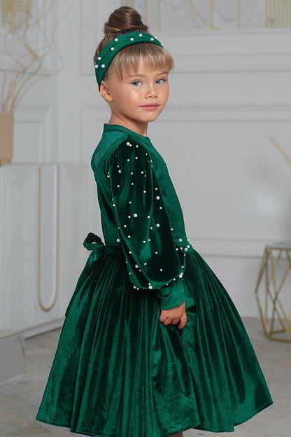 Girl's Green Velvet Dress with Transparent Collar and Pearl Detail on the Sleeves and Waist