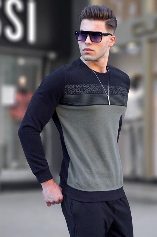 Black Patterned Crew Neck Knitwear Sweater 5964