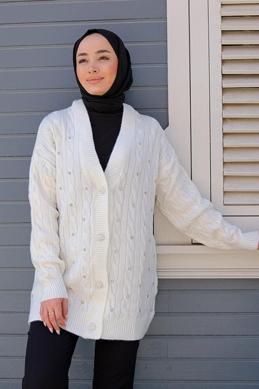 Women's Stone Embroidered Knitwear Cardigan White