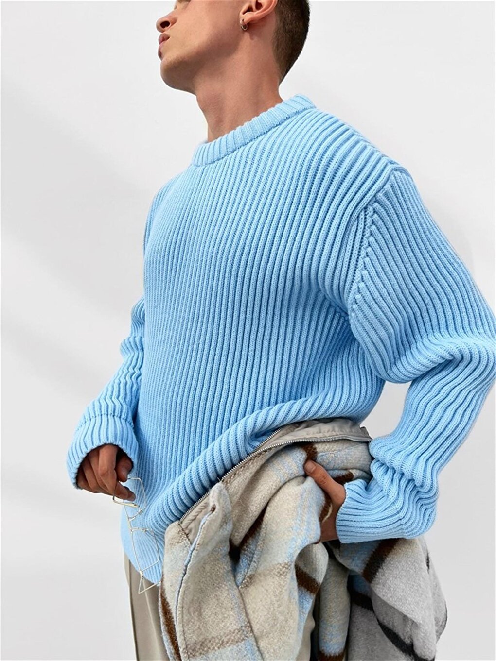 Extra Oversize Corded Knitted Sweater Baby Blue