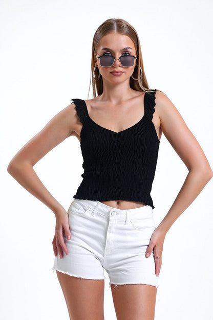 Thin Strap Sleeves Ruffled Shoulder Lace Lycra Crop Blouse İZ26U