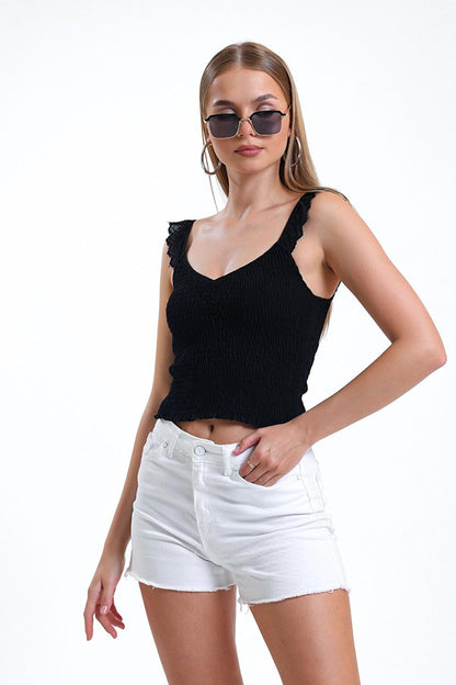 Thin Strap Sleeves Ruffled Shoulder Lace Lycra Crop Blouse İZ26U