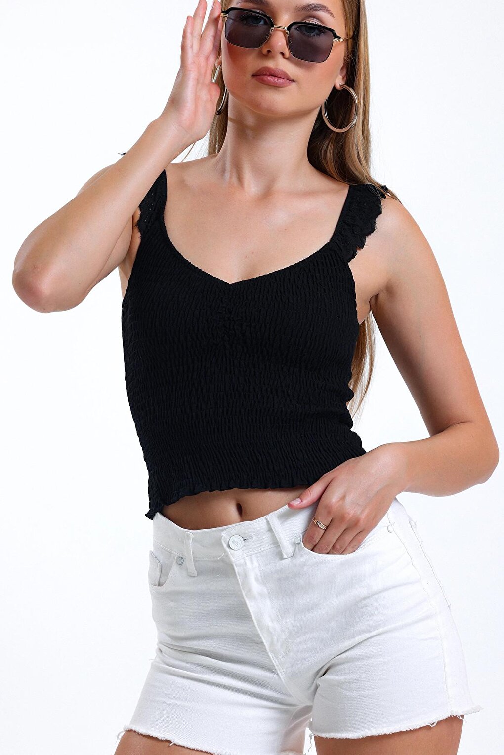 Thin Strap Sleeves Ruffled Shoulder Lace Lycra Crop Blouse İZ26U