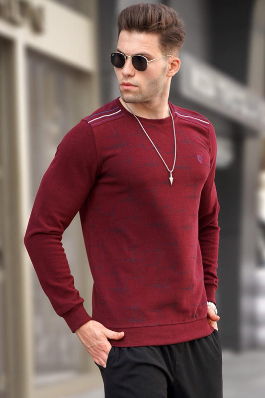 Claret Red Patterned Crew Neck Knitwear Sweater 5968