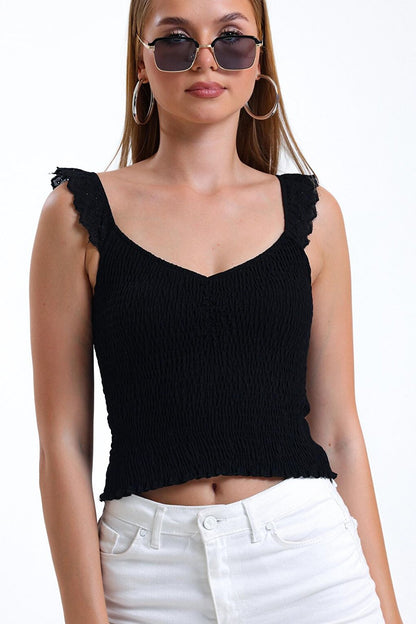 Thin Strap Sleeves Ruffled Shoulder Lace Lycra Crop Blouse İZ26U