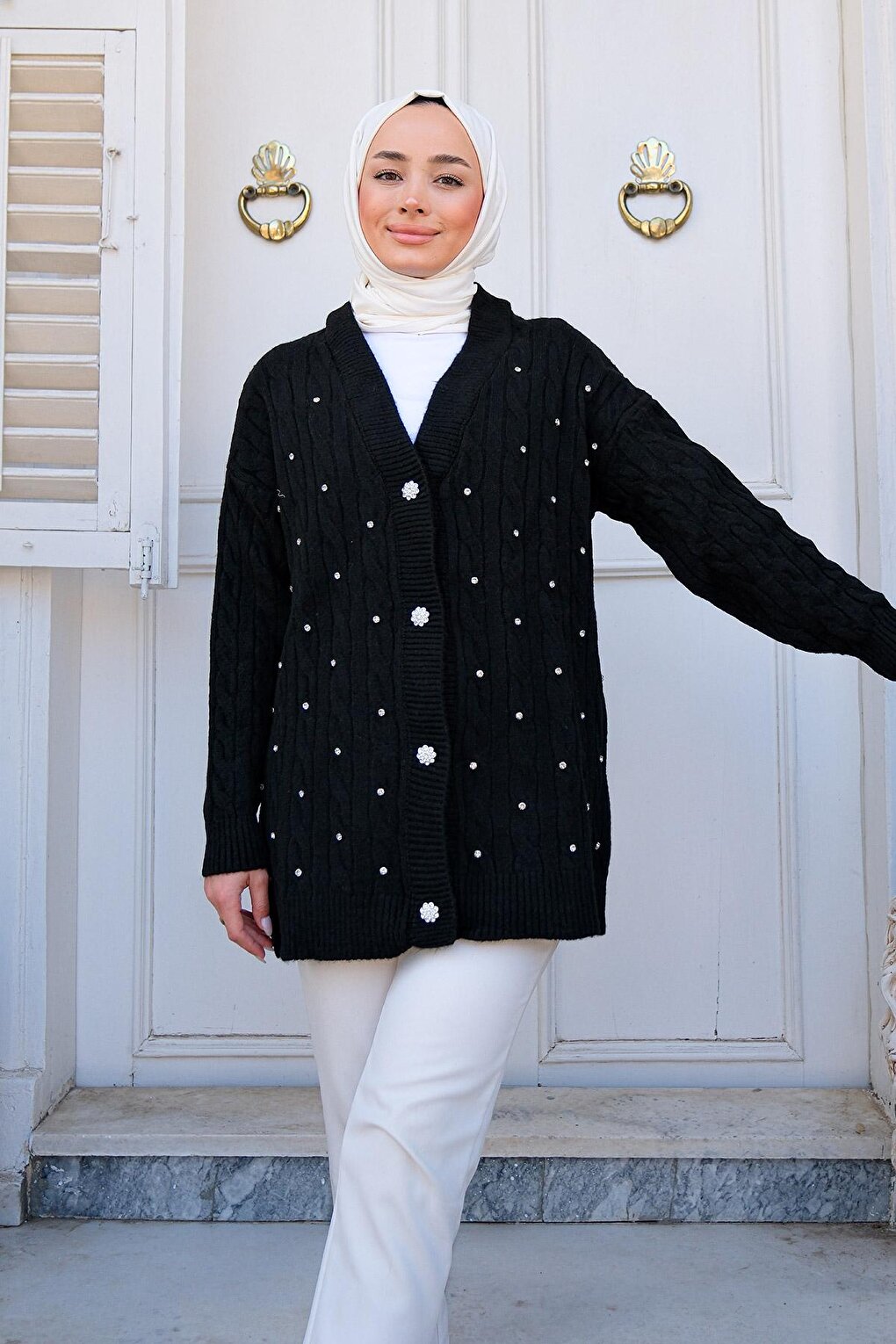 Women's Stone Embroidered Knitwear Cardigan Black