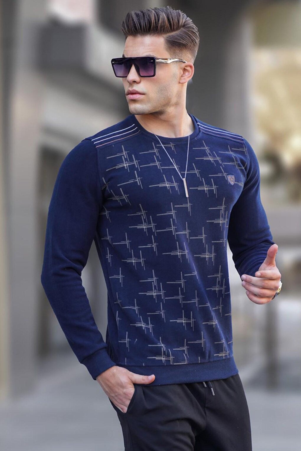 Navy Blue Patterned Crew Neck Knitwear Sweater 5968