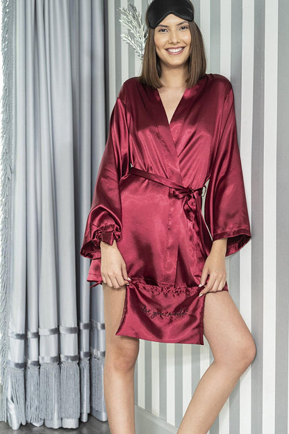 Satin 8-Piece Dressing Gown Lace Pajama Set Claret Red