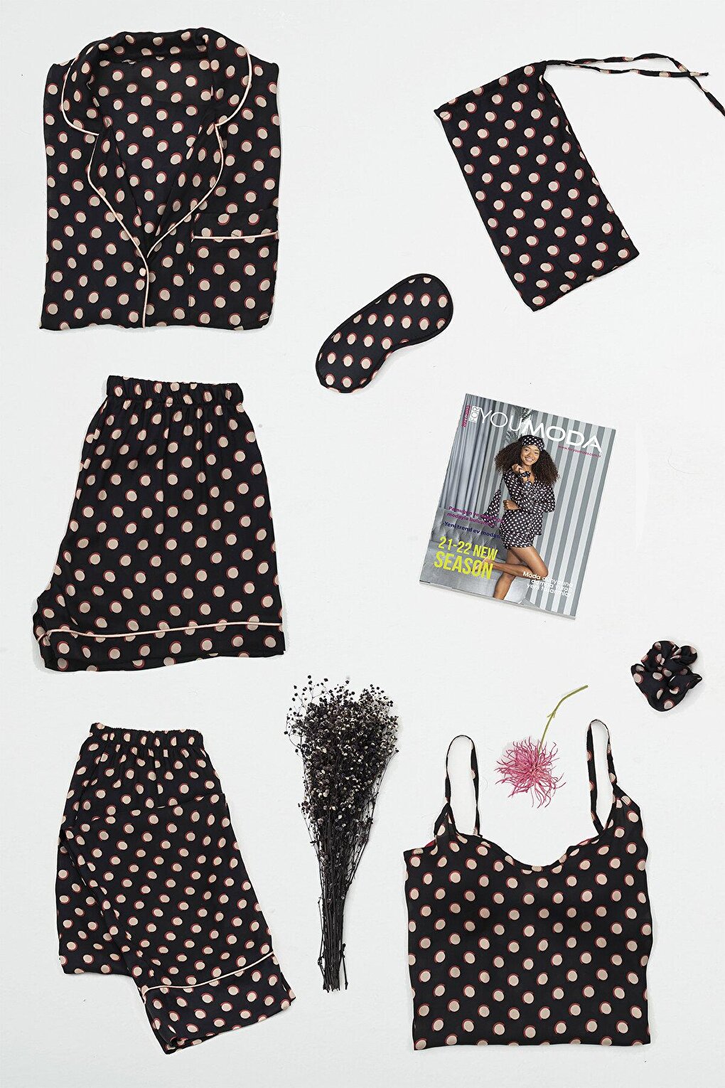 Satin 7-Piece Gold Dotted Black Pajama Set