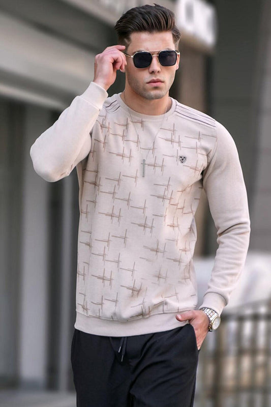 Beige Patterned Crew Neck Knitwear Sweater 5968