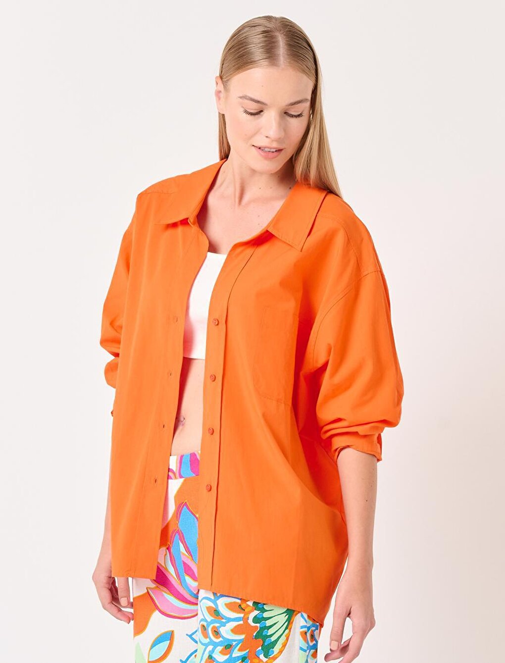 Orange Long Sleeve Shirt Collar Woven Shirt