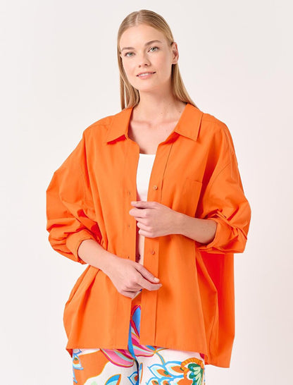 Orange Long Sleeve Shirt Collar Woven Shirt