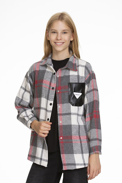 Girl's Leather Pocketed Plaid Shirt 9-14 Years Lx147