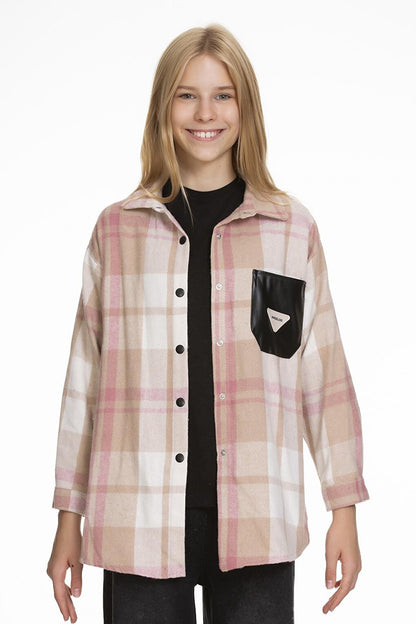 Girl's Leather Pocketed Plaid Shirt 9-14 Years Lx147