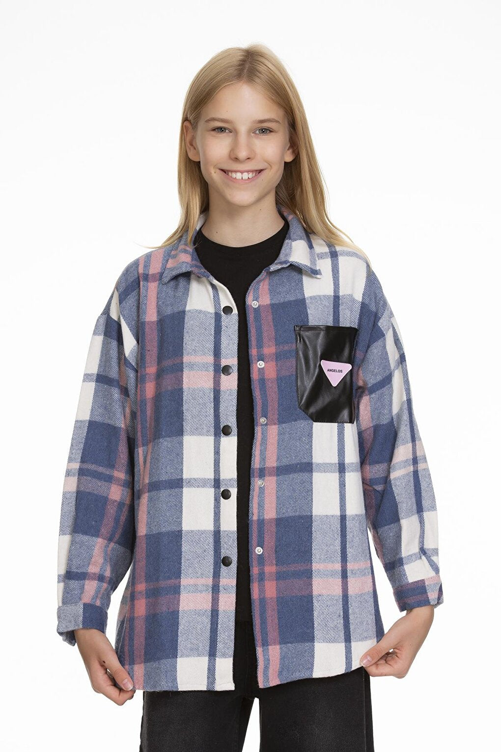 Girl's Leather Pocketed Plaid Shirt 9-14 Years Lx147