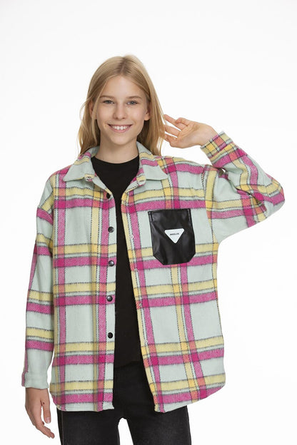 Girl's Leather Pocketed Plaid Shirt 9-14 Years Lx147