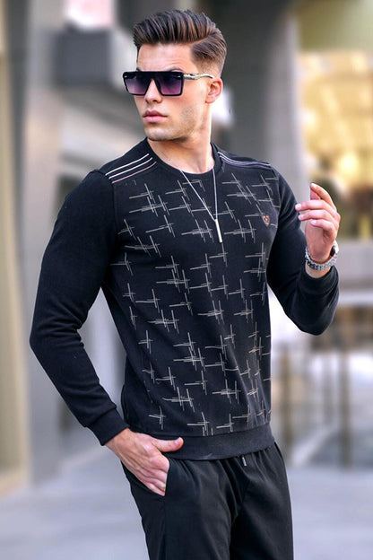 Black Patterned Crew Neck Knitwear Sweater 5968