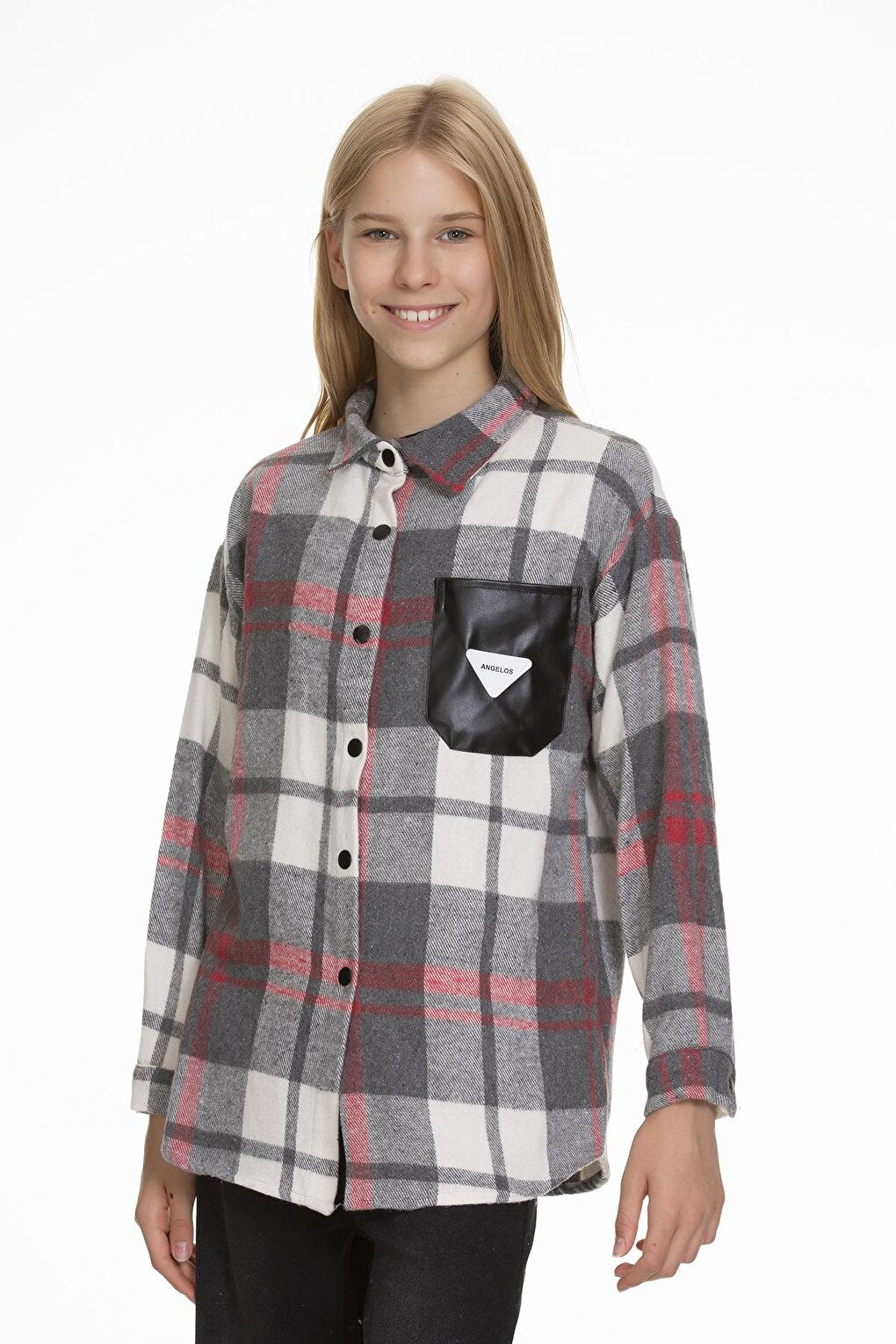 Girl's Leather Pocketed Plaid Shirt 9-14 Years Lx147