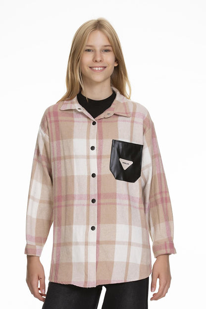 Girl's Leather Pocketed Plaid Shirt 9-14 Years Lx147