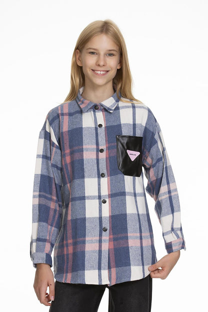 Girl's Leather Pocketed Plaid Shirt 9-14 Years Lx147