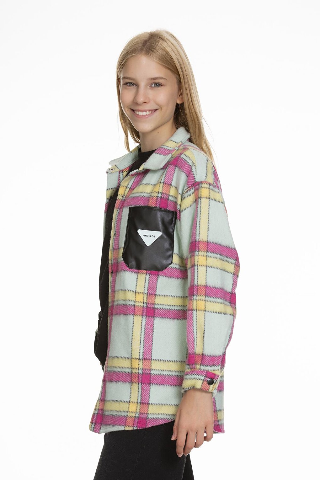 Girl's Leather Pocketed Plaid Shirt 9-14 Years Lx147