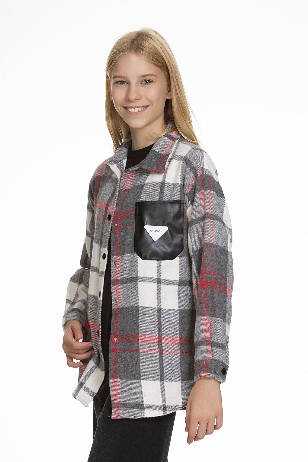 Girl's Leather Pocketed Plaid Shirt 9-14 Years Lx147