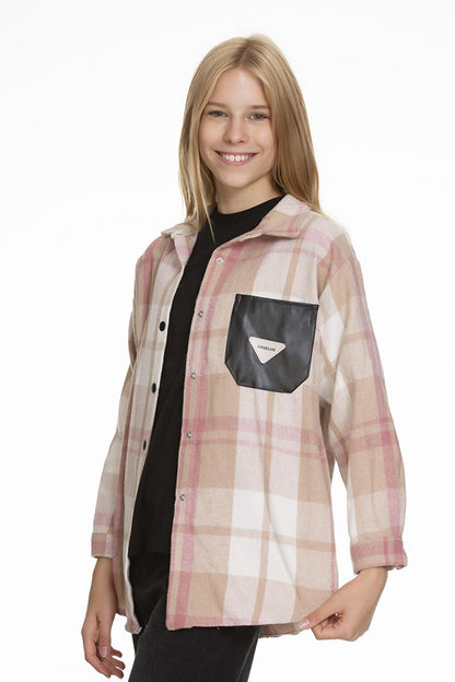 Girl's Leather Pocketed Plaid Shirt 9-14 Years Lx147