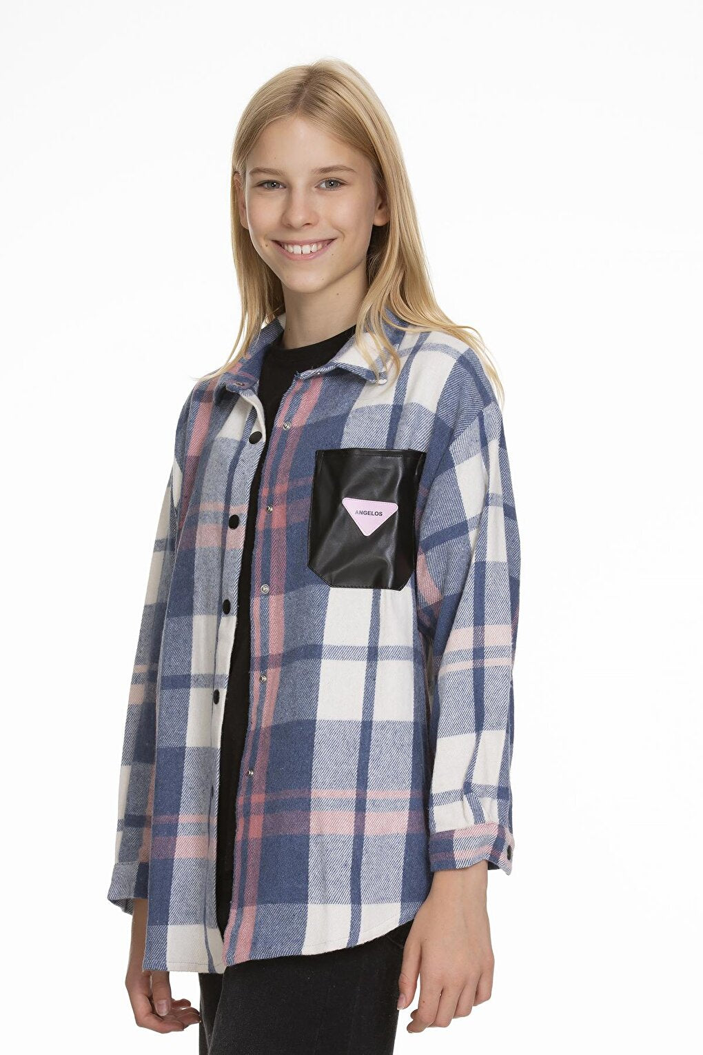 Girl's Leather Pocketed Plaid Shirt 9-14 Years Lx147