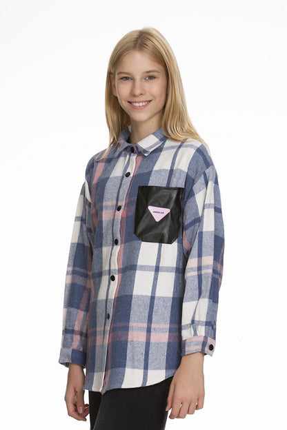 Girl's Leather Pocketed Plaid Shirt 9-14 Years Lx147