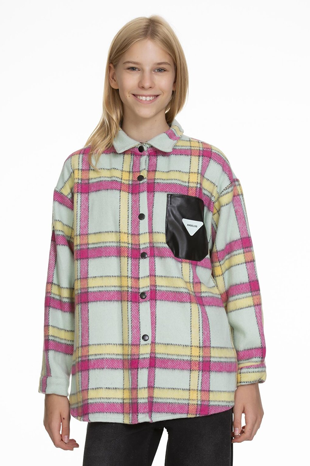 Girl's Leather Pocketed Plaid Shirt 9-14 Years Lx147