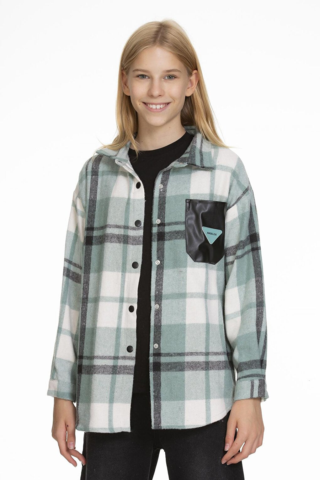 Girl's Leather Pocketed Plaid Shirt 9-14 Years Lx147