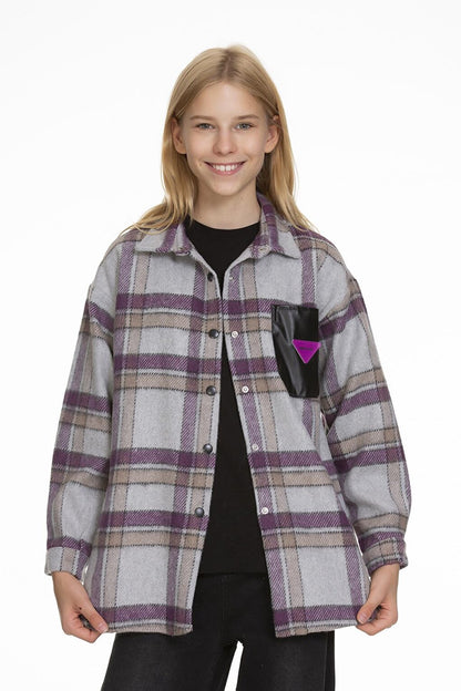 Girl's Leather Pocketed Plaid Shirt 9-14 Years Lx147