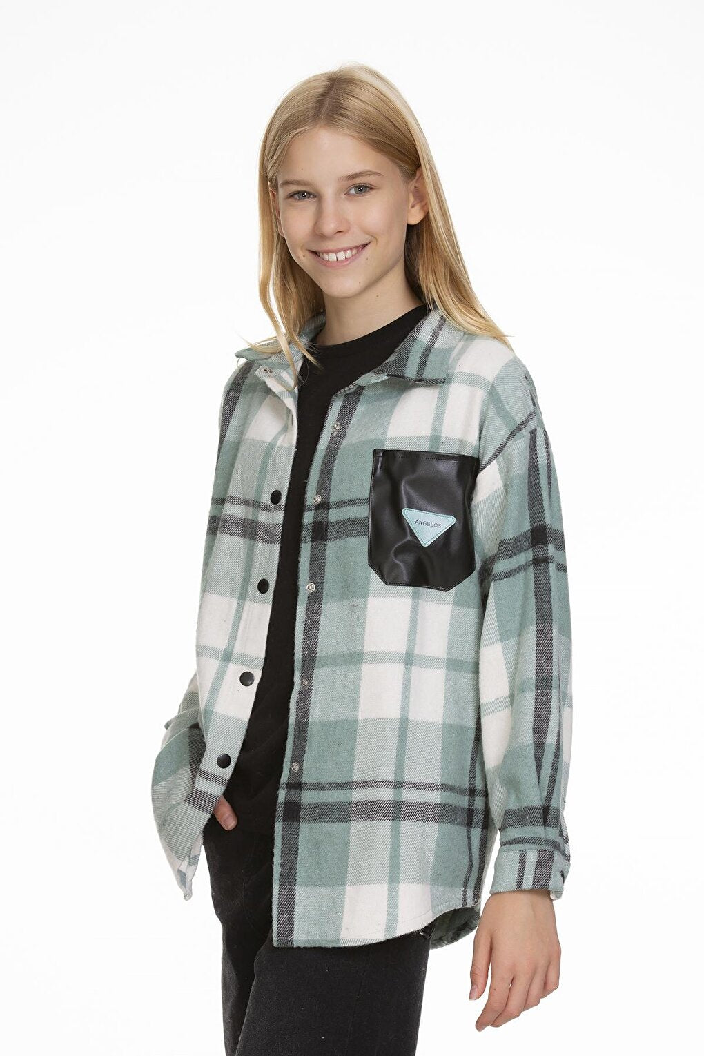 Girl's Leather Pocketed Plaid Shirt 9-14 Years Lx147