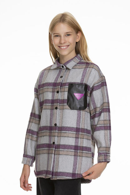 Girl's Leather Pocketed Plaid Shirt 9-14 Years Lx147