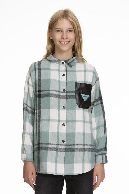 Girl's Leather Pocketed Plaid Shirt 9-14 Years Lx147