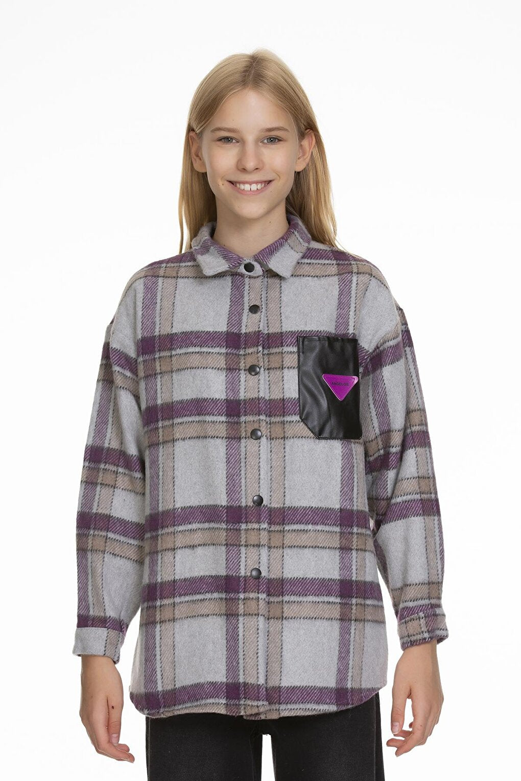 Girl's Leather Pocketed Plaid Shirt 9-14 Years Lx147