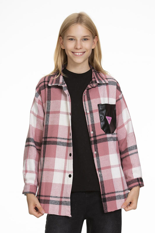 Girl's Leather Pocketed Plaid Shirt 9-14 Years Lx147