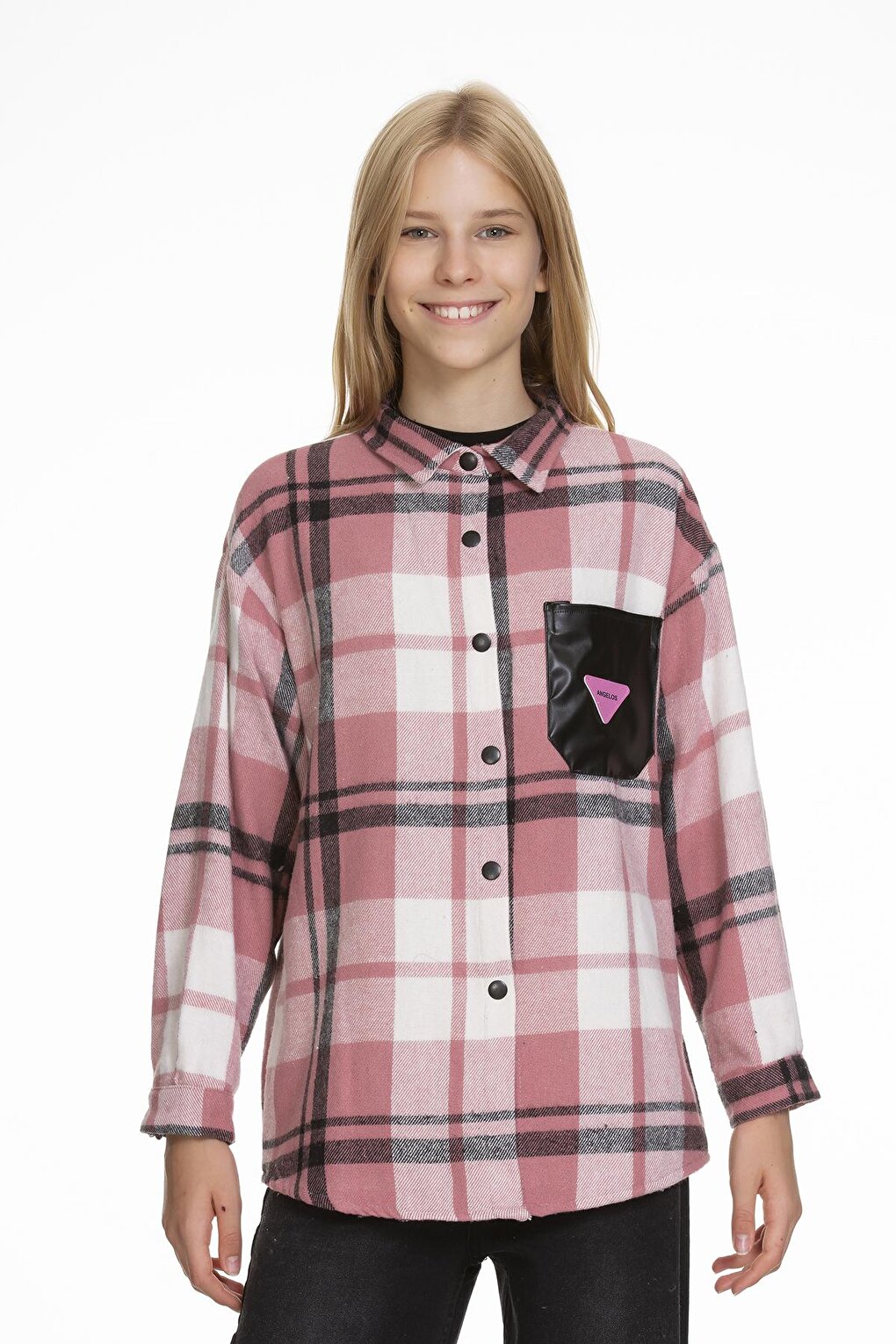 Girl's Leather Pocketed Plaid Shirt 9-14 Years Lx147