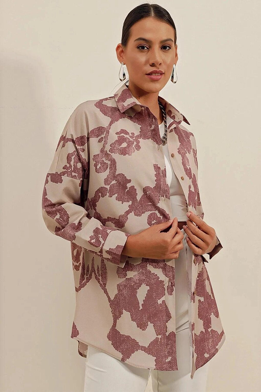 Women's Patterned Claret Red Beige Oversize Long Basic Shirt Hzl22w-bd139001