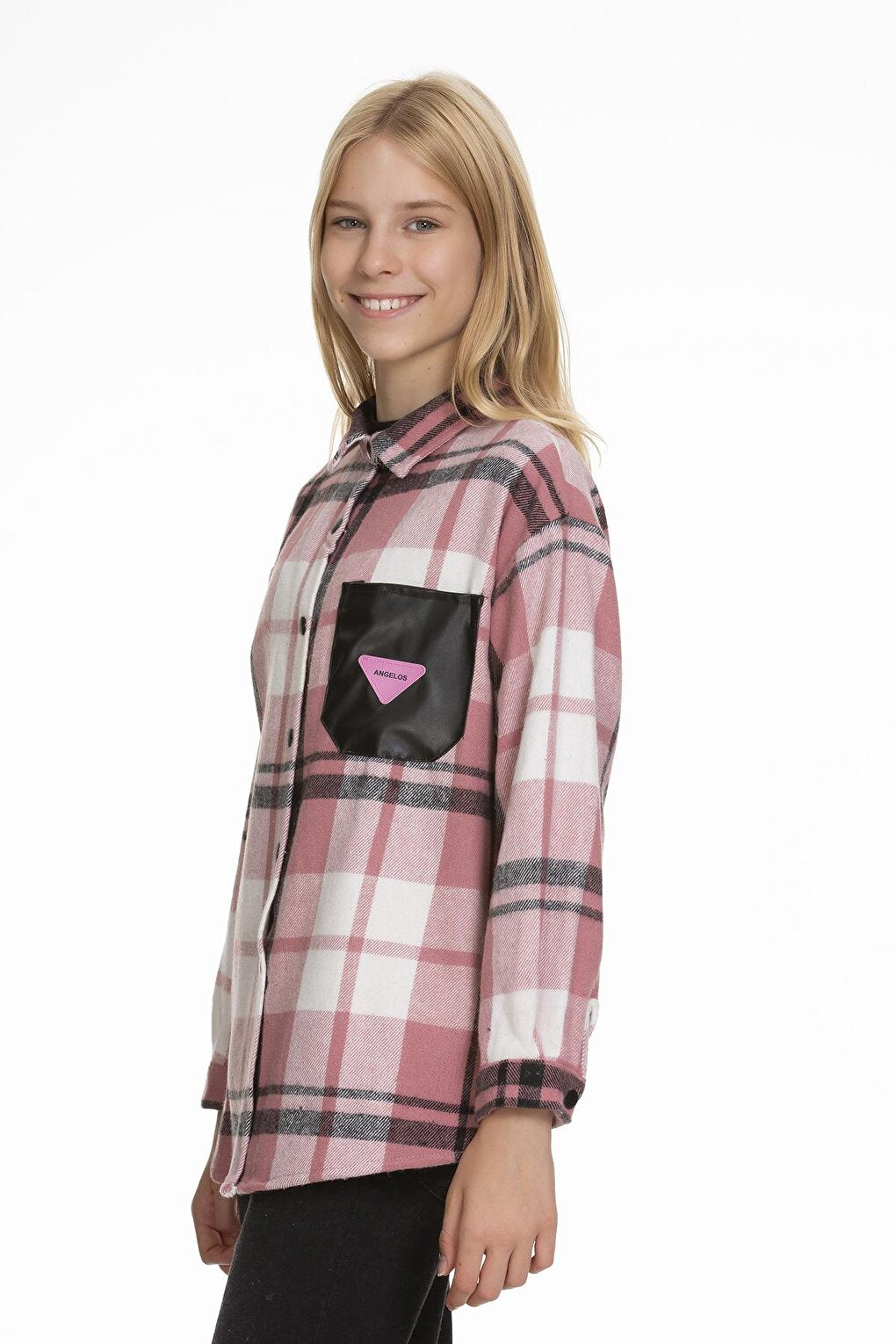 Girl's Leather Pocketed Plaid Shirt 9-14 Years Lx147