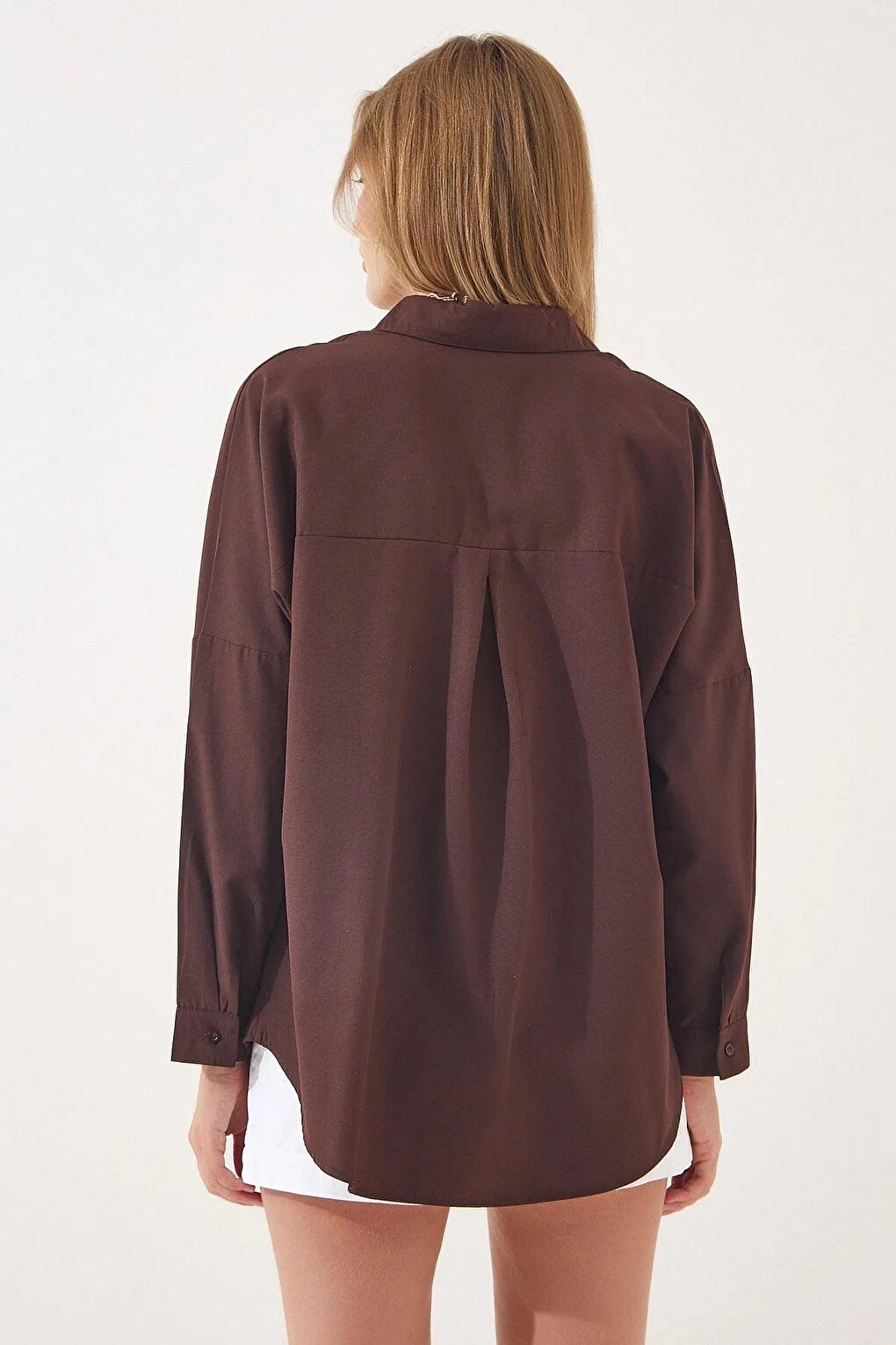 Women's Brown Oversize Long Basic Shirt Hzl22w-bd139001