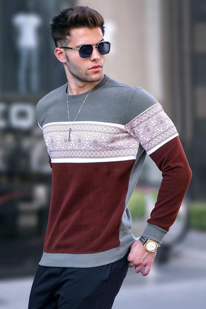 Khaki Jacquard Patterned Crew Neck Knitwear Sweater 5966