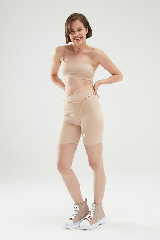 Chain Belted Biker Tights Beige