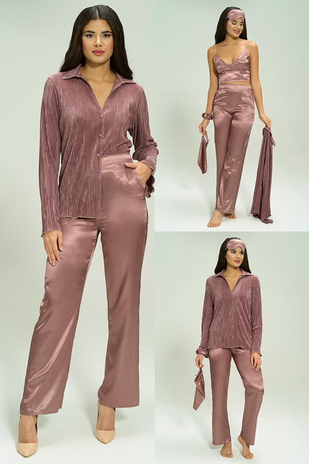 6-Piece Pleated Mink Bustier Pajama Set