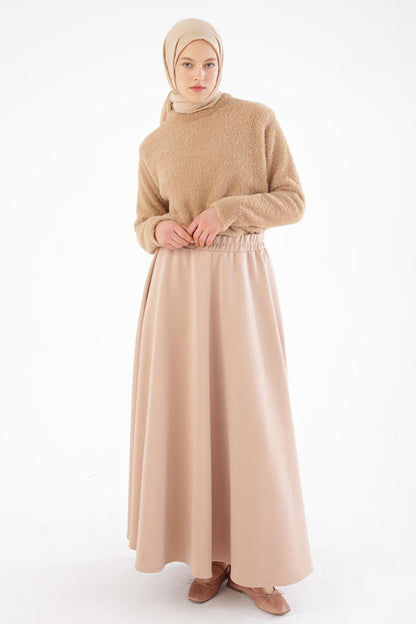 Beige Scuba Flared Skirt with Elastic Waist